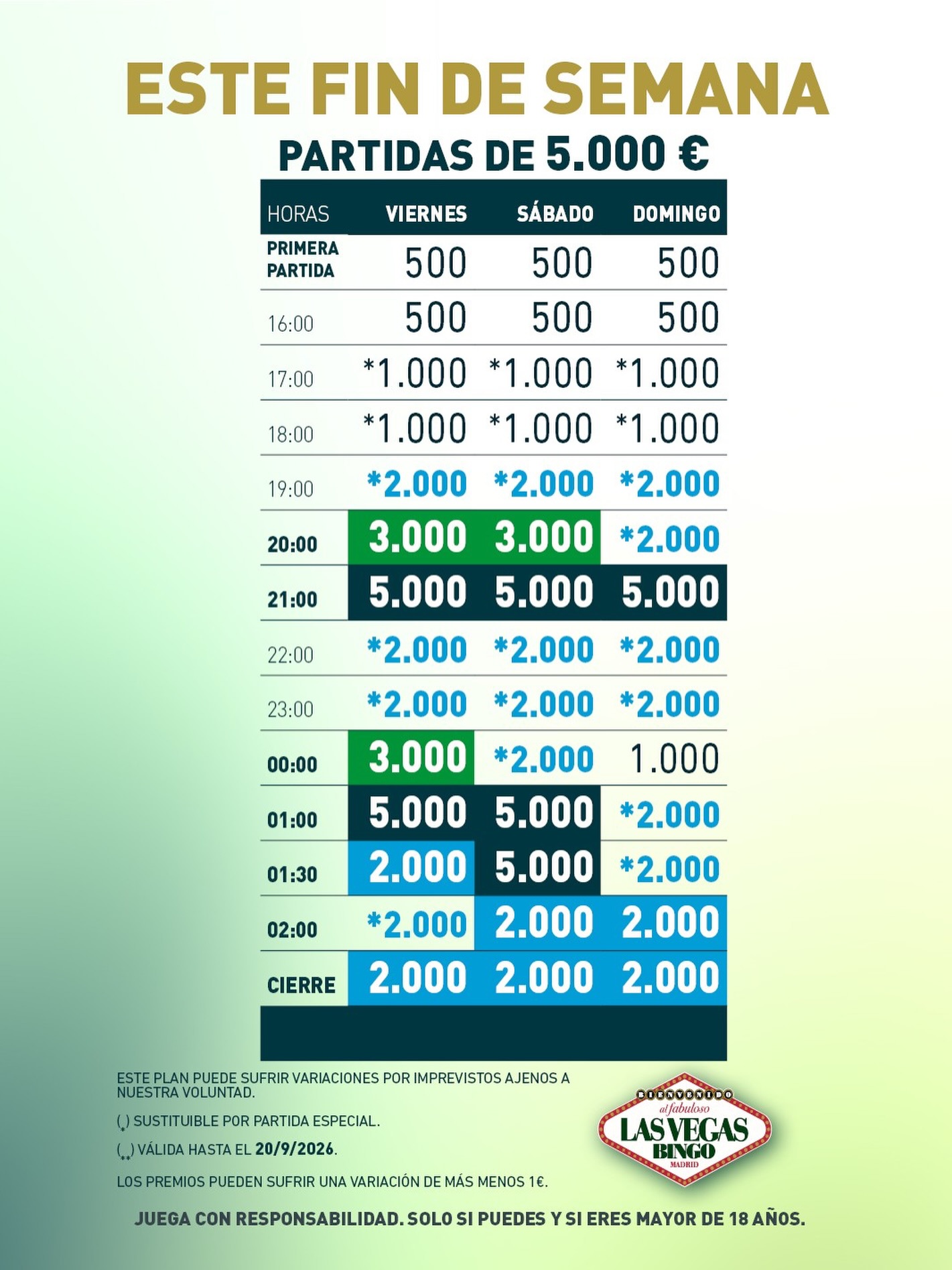 Cartel de partidas especiales de Bingo Las Vegas