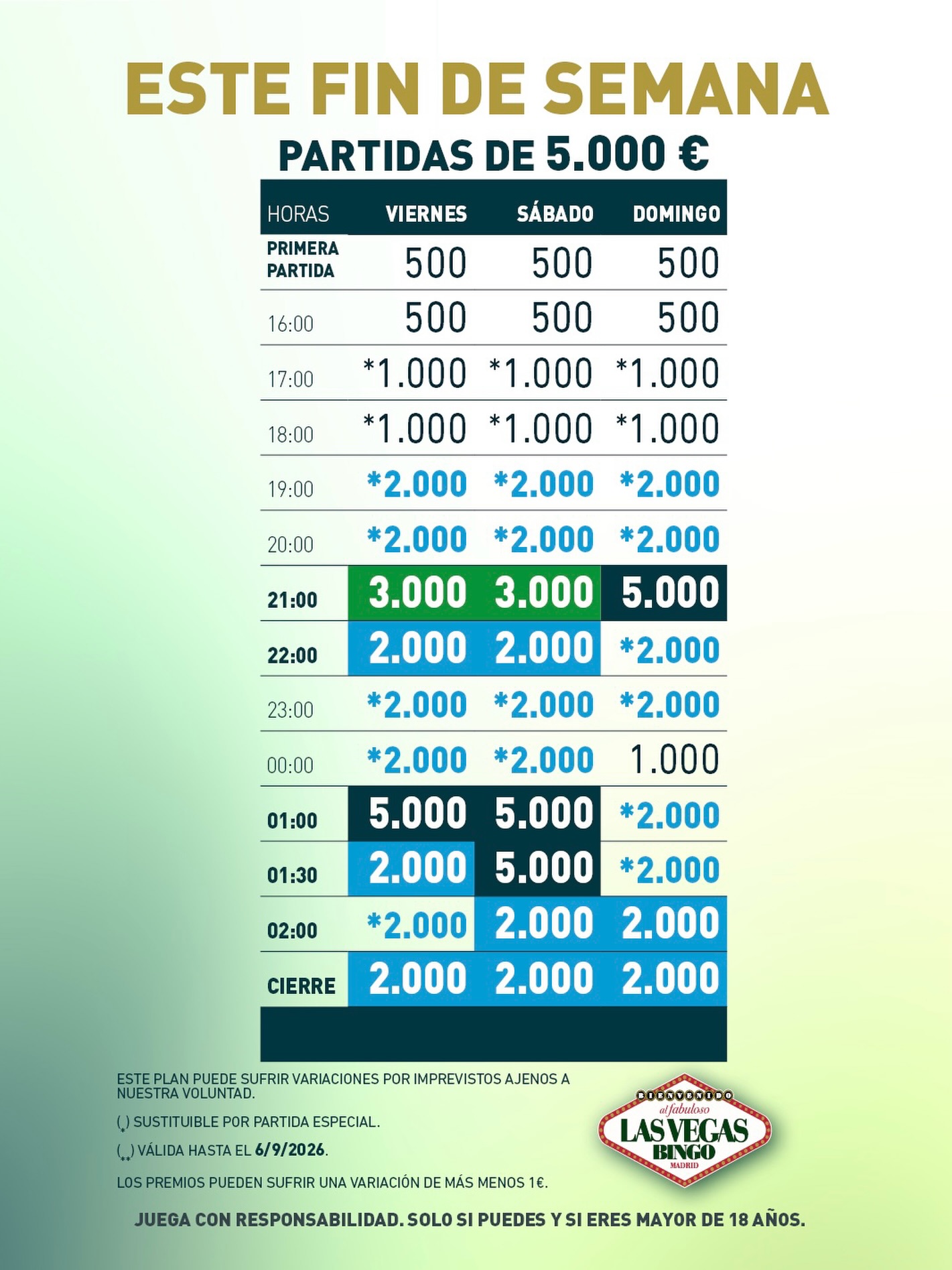 Cartel de partidas especiales de Bingo Las Vegas